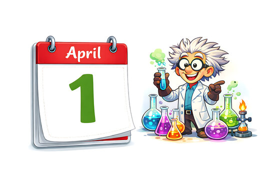 April 1st on a white background with a scientist and experiments, in cartoon style