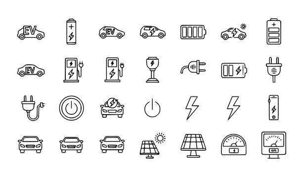 Electric vehicle and energy line icon set with EV cars batteries charging plugs in vector