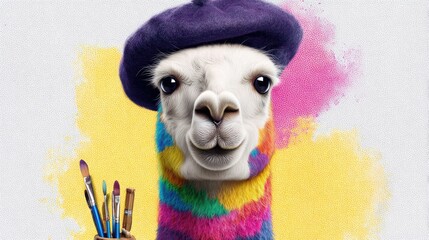 Obraz premium Colorful Artistic Llama in Beret Holding Paintbrushes Against Vibrant Background