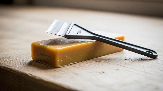 Orange ski wax block and scraper tool on rustic wooden surface, ideal ski wax for snowboard and ski maintenance. Quality ski wax for winter sports equipment care and optimal glide.