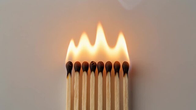 Minimalist top view of matchsticks igniting sequentially with warm fire glow and tension
