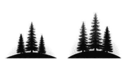 Fototapeta premium Halftone illustration of coniferous tree silhouettes on hills natural landscape elements