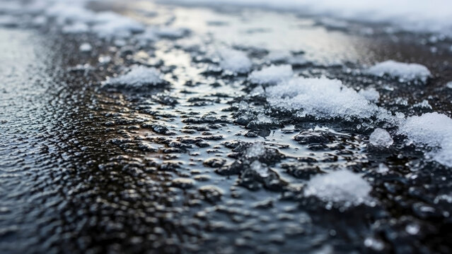 Close up view of sleet on pavement surface after freezing rain, showing icy texture and melting snow. Winter weather creates dangerous conditions.