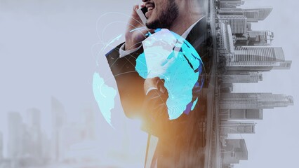 Global network connection visualization showing data exchange, digital link, worldwide communication. Global data flow and digital network infrastructure connecting regions around the world. Thunk