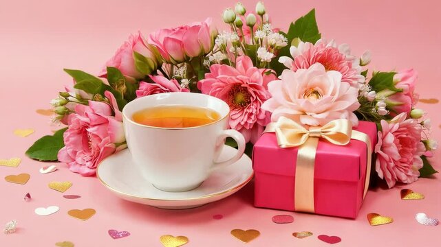 Cup of tea with pink flowers and gift box on pink background
