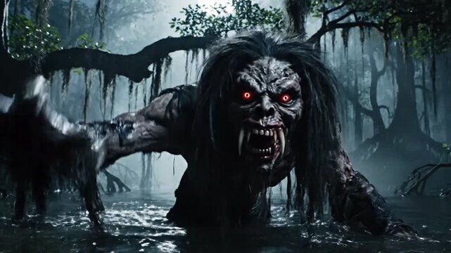 A hulking swamp creature rises from murky water, fangs bared red eyes piercing the fog. Dark threat