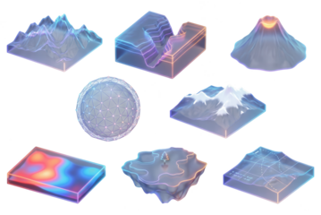 Isometric Landscape Elements: Volcano, Mountains, Ground Layers & Abstract Forms on White