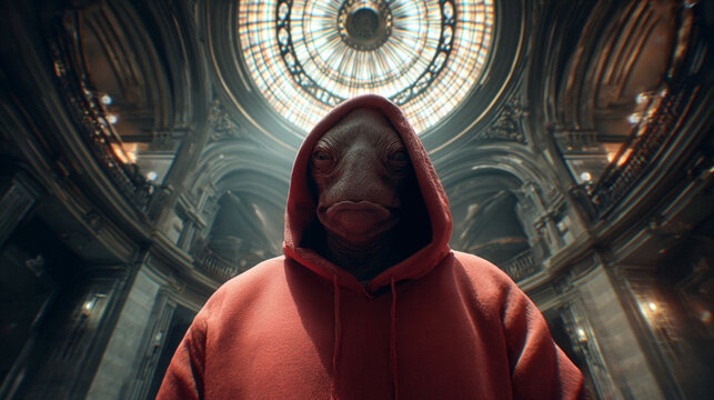 Portrait of an alien in a minimal hall, cartoon style, ultra realistic, fish eye lens, getto style, dressed in a red hoodie