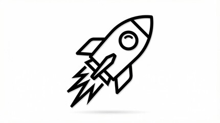 Simple black line art icon of a rocket launching upward with a dynamic flame trail