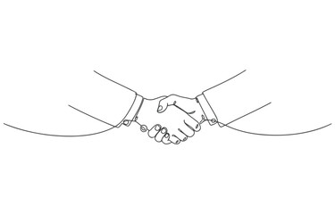 One line drawing of two hands shaking, business agreement concept vector illustration 