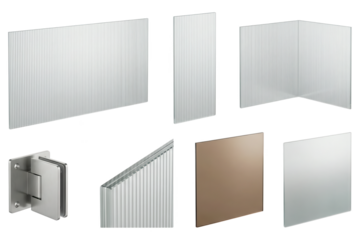 Various Polycarbonate Sheets, Acrylic Sheets and Mounting Brackets on White Background