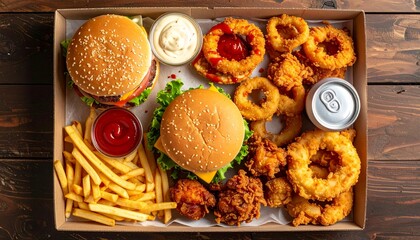 Top-down view of a fast food tray with a burger, fries, onion rings, pizza slice, Coke can, chicken wings, fried chicken, and nuggets.