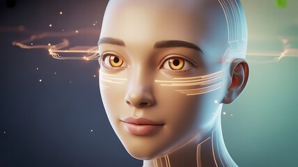 Futuristic female face with glowing lines and digital enhancements