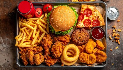 Top-down view of a fast food tray with a burger, fries, onion rings, pizza slice, Coke can, chicken wings, fried chicken, and nuggets.