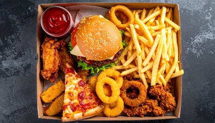 Top-down view of a fast food tray with a burger, fries, onion rings, pizza slice, Coke can, chicken wings, fried chicken, and nuggets.