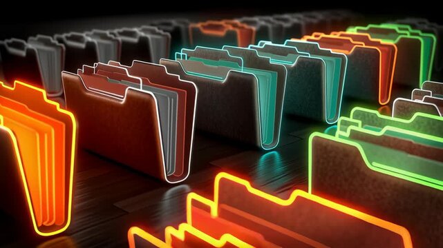 Neon-colored file folders arranged on a wooden surface symbolize modern digital organization. brightly glowing outlines enhance the futuristic theme, suitable for technology and data management conten