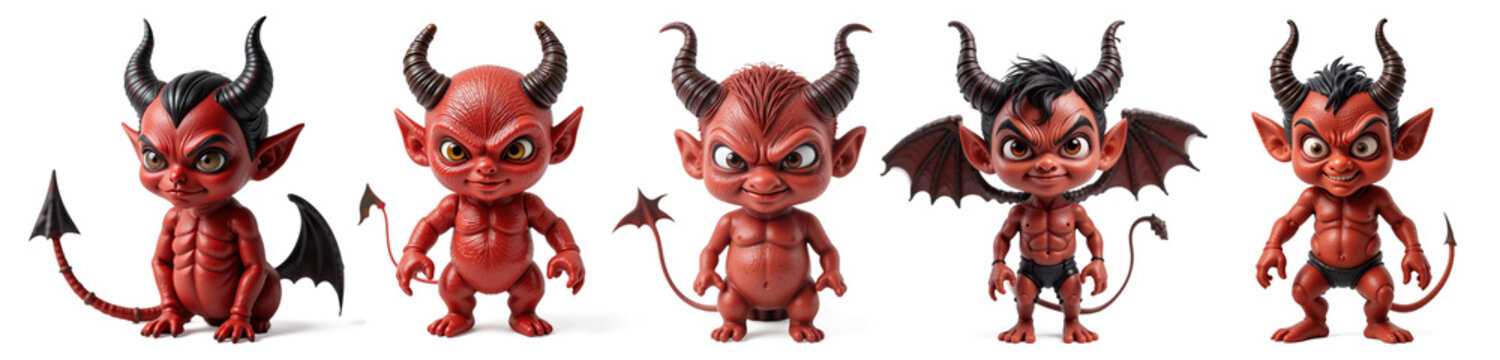 Collection of 3D render miniature red devils isolated on transparent background. 