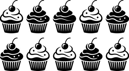 Cupcake silhouette icon collection featuring sweet dessert and bakery treats, cute muffins with frosting and cherry toppings, rendered in black and white pastry vector illustration style