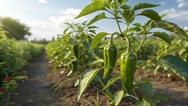 A lush green chili pepper farm under a clear blue sky