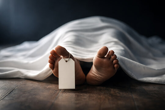 Dead body feet under a white sheet with a blank toe tag in a dark morgue or hospital room setting for autopsy