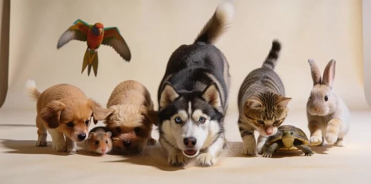Playful Cinematic Of This Exact Group Of Pets&mdash;A Husky, Two Small Puppies, A Kitten, A Rabbit, A Turtle, A Hamster, And A Colorful Parrot&mdash;All Suddenly Bursting Into Motion And Racing Toward The Camera 
