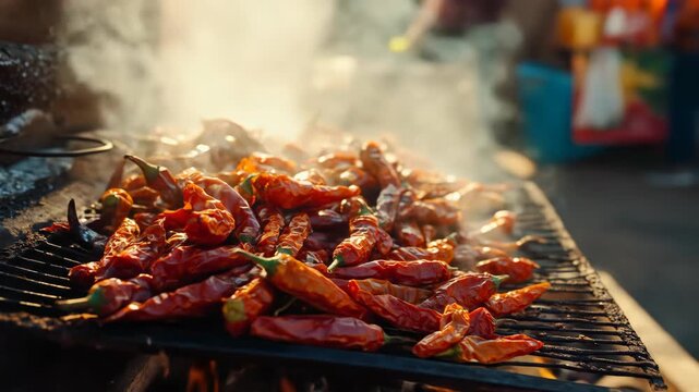 Pile of red chili peppers roasting over an open flame grill