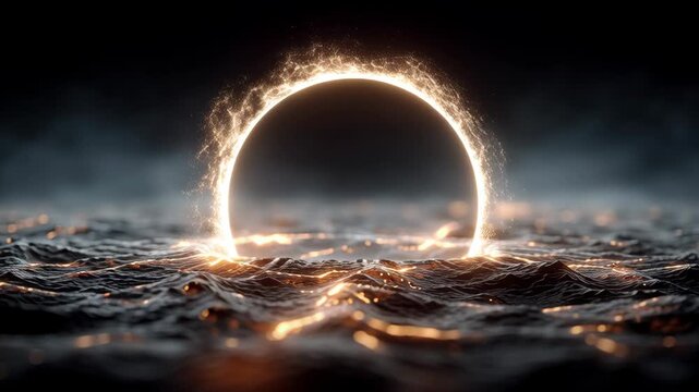 A glowing, futuristic ring hovers over a textured, wavy metallic surface, emitting a captivating light. the dark background enhances the ethereal glow, creating a compelling sci-fi atmosphere perfect 
