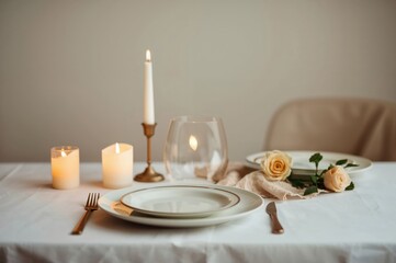 Fototapeta premium Minimal romantic table setting with candles and empty plate in warm light