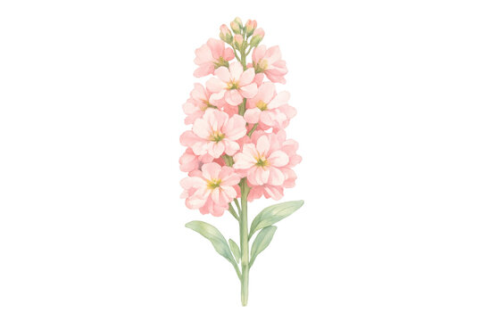 Pink matthiola incana watercolor flower illustration, blooming stock plant with green leaves, botanical graphic