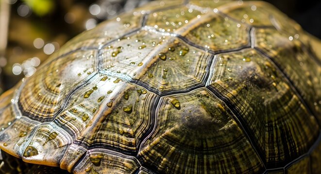 Detailed close-up of a freshwater turtle shell showing natural patterns and textures under soft sunlight.