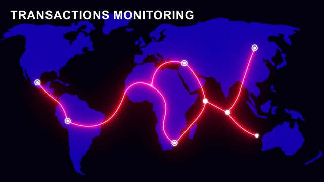 Transactions monitoring concept. glowing red path connecting points on dark world map illustrating suspicious financial activity and global financial network monitoring. sales countdown, growth. 4K