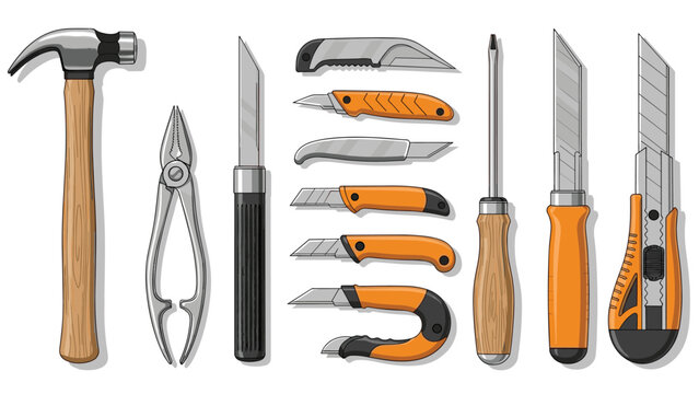 Various hand tools including a hammer, pliers, screwdriver, and several utility knives with orange handles for construction and diy.