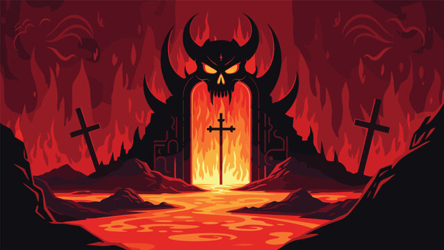 Scary hell landscape featuring a demonic skull gate with glowing fire and crosses on a dark red volcanic terrain under flames.