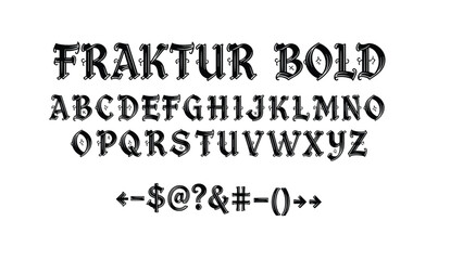 Fototapeta premium Set of decorative Fraktur Bold font characters includes the complete alphabet, numbers, and common punctuation marks in black ink.