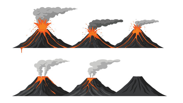 Illustration shows the sequential stages of a volcanic eruption from a dormant state to explosive ash and flowing lava flows.