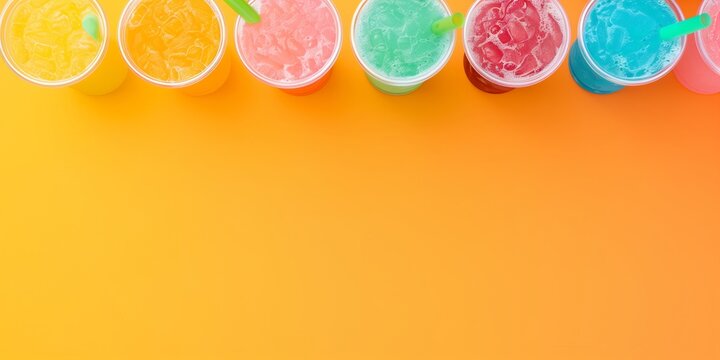 Assortment of cold summer drinks with ice in plastic cups. Variety of refreshing beverages on an orange background. Top view flat lay composition