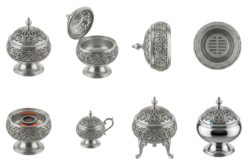 Ornate Silver Incense Burners Collection on White Background: Detailed Metalwork