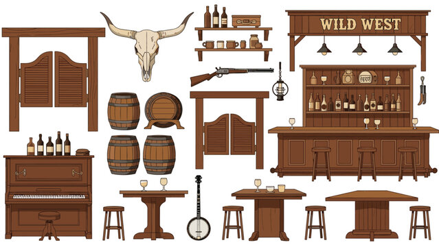 Collection of wild west saloon furniture and objects including swinging doors a piano bar counter and whiskey barrels.