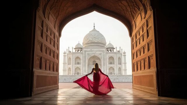 Woman in red dress dancing in archway with taj mahal in background