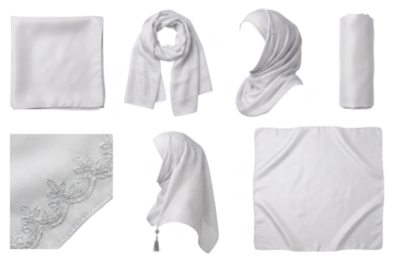 Collection of White Hijabs and Scarves on White Background