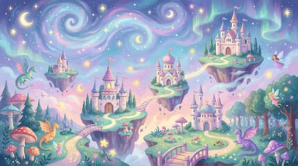Magical Fairy Tale World with Floating Islands, Castles, and Dreamy Night Sky