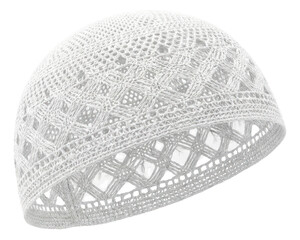 White Crochet Kufi Cap: Traditional Islamic Headwear on White Background