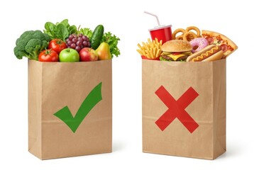 Two contrasting paper bags represent healthy and unhealthy food choices side by side.