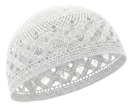 White Crochet Kufi Cap: Traditional Islamic Headwear on White Background