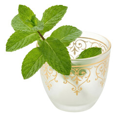 Mint Sprig in Decorative Glass, Isolated on White