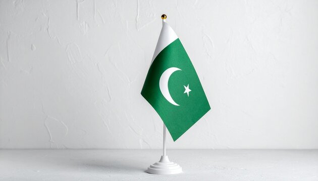 Small Pakistani table flag with green field, white crescent and star, and vertical white stripe on white stand with gold finial, set against textured white wall.