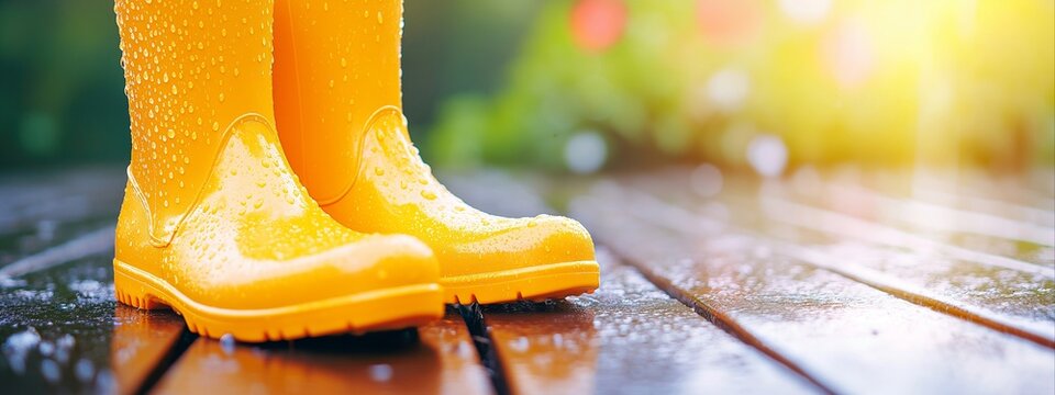Bright yellow rain boots covered in water droplets on a wet wooden deck. Sunny garden scene after a rain shower. Autumn or spring weather concept