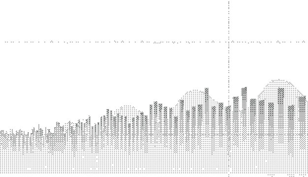 Pixelated dither marketing growth wave chart. Black and white analytics curve. Glitch bitmap raster background.