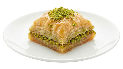 Piece of Baklava with Pistachios on White Plate