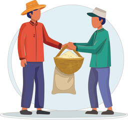 Flat vector illustration of people distributing harvest goods, representing cooperation, sharing, and rural community life.
